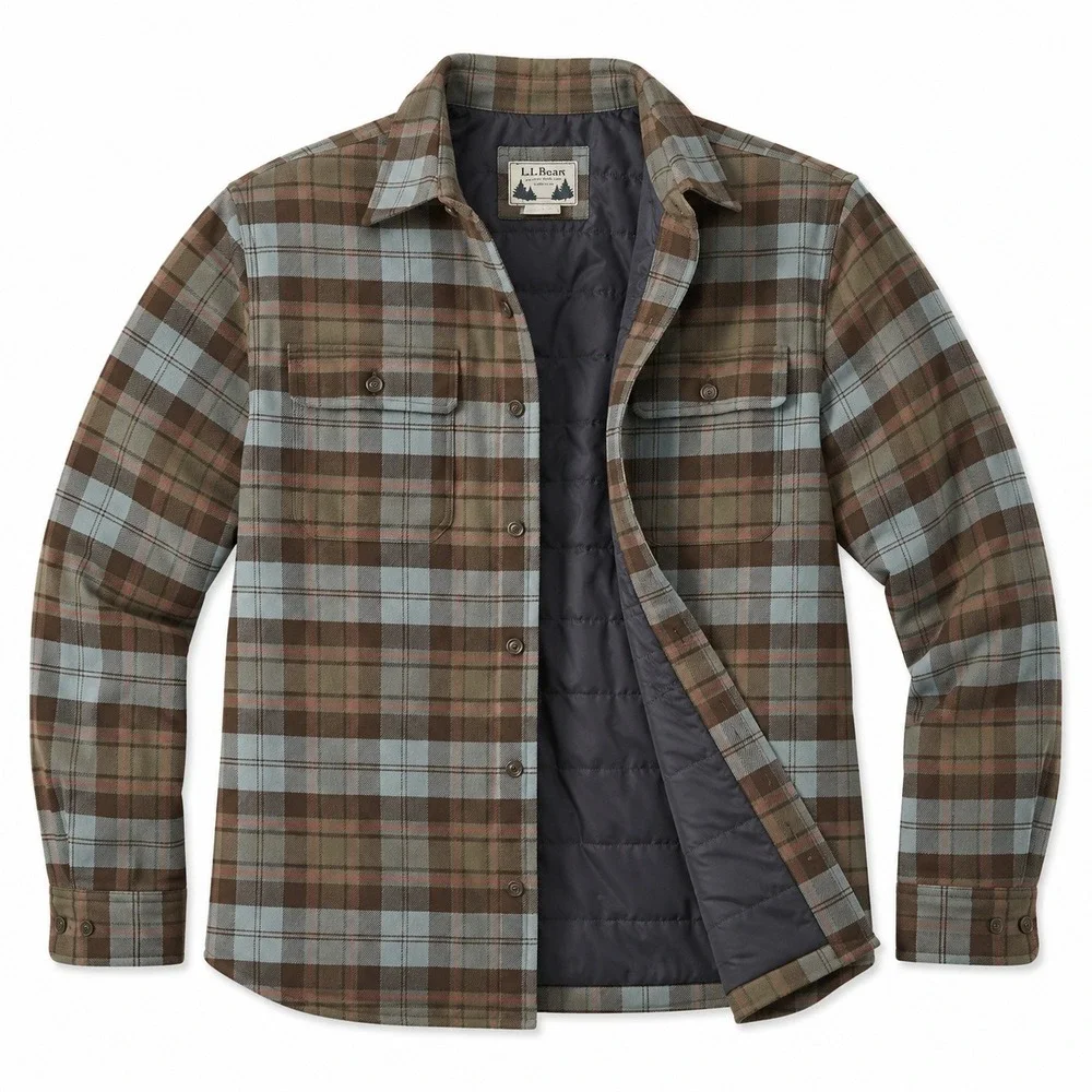 LL Bean Flannel Shirt Jacket Mens XL Blue Brown Plaid Quilted Insulated Lined